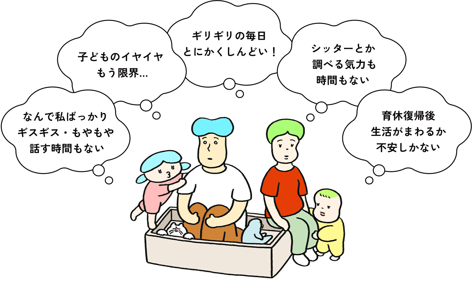 夫婦間でギスギス・もやもや、家事も育児も回らない、サポートが探しきれない、日常がうまくいかずイライラ、仕事復帰できるか不安